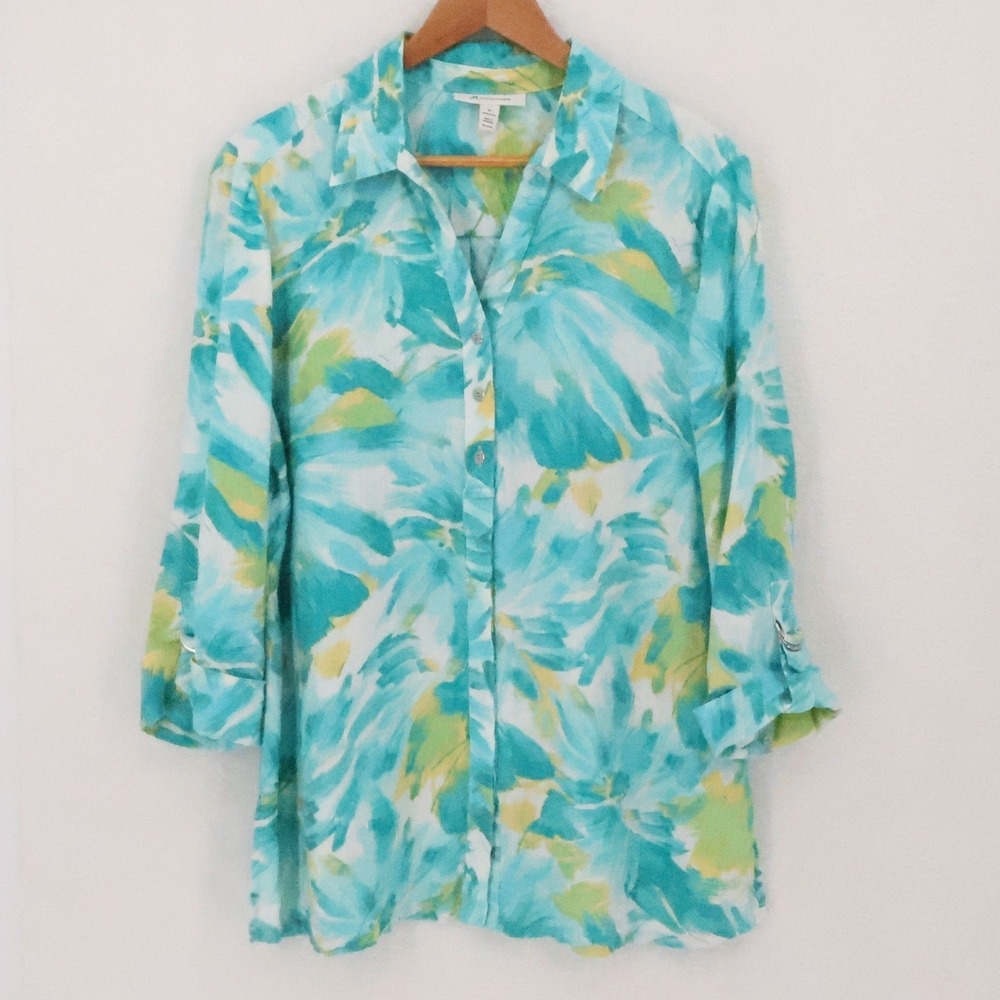 JM Collection Abstract Floral‎ Linen Button Shirt Womens Size 12 Blue Tropical